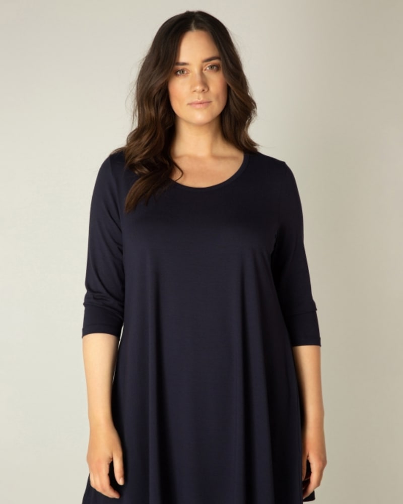 Front of a model wearing a size 0(46) Aria in Dark Blue by Base Level Curvy. | dia_product_style_image_id:253166